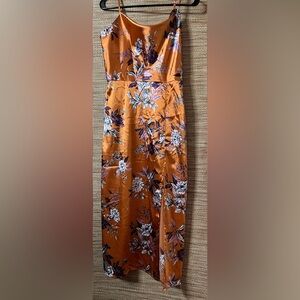 Floral Satin Dress in Orange and Purple with left leg slit